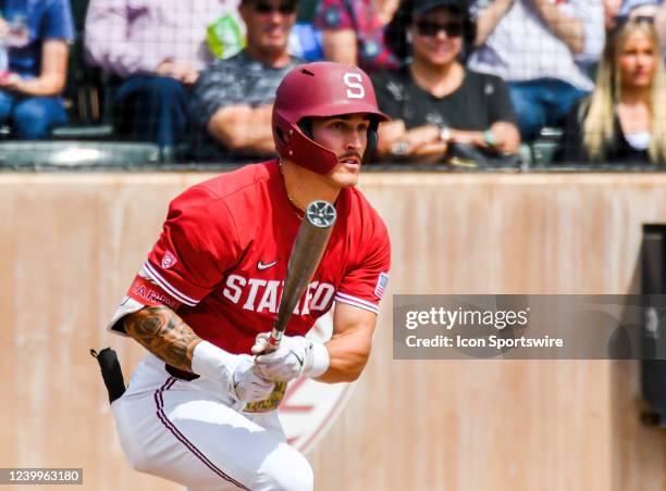 Stanford center fielder Brock Jones tracks a hit into right field before taking off to second base during the game between the Arizona State Sun...