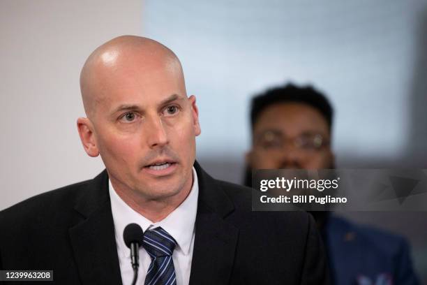 Grand Rapids Police Chief Eric Winstrom speaks at a press conference where video footage was released of the police shooting of Patrick Lyoya on...