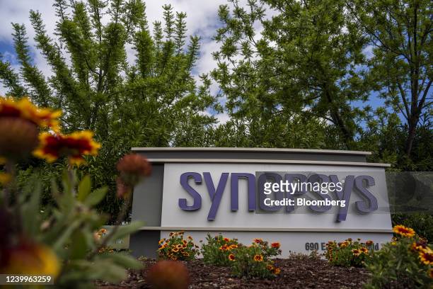 Signage outside Synopsys headquarters in Mountain View, California, U.S., on Wednesday, April 2022. Synopsys Inc., the biggest supplier of software...