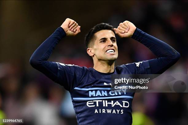 Joao Cancelo of Manchester City celebrates victory after the UEFA Champions League Quarter Final Leg Two match between Atletico Madrid and Manchester...