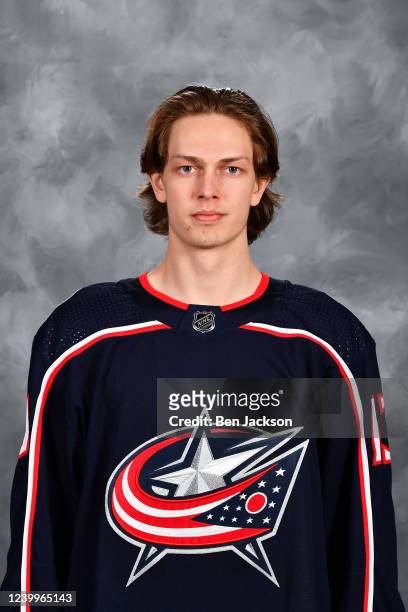 Kent Johnson of the Columbus Blue Jackets poses for his official headshot for the 2021-2022 season at Nationwide Arena on April 13, 2022 in Columbus,...