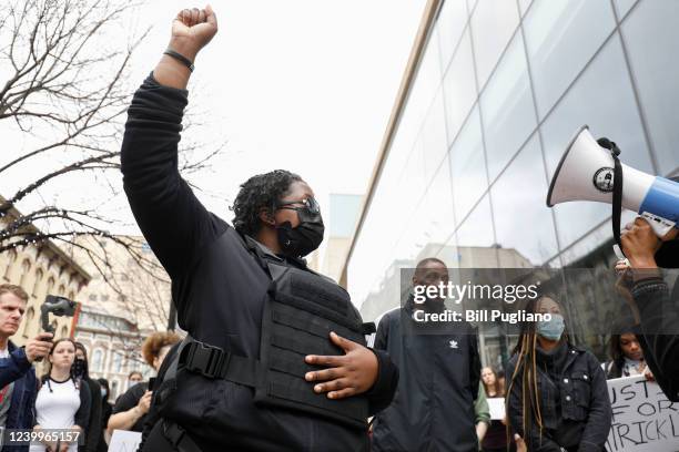 Protesters demonstrate against the police shooting of Patrick Lyoya on April 13, 2022 in Grand Rapids, Michigan. Lyoya, a 26-year old Black man, was...