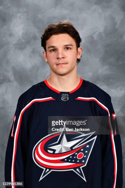 Nick Blankenburg of the Columbus Blue Jackets poses for his official headshot for the 2021-2022 season at Nationwide Arena on April 13, 2022 in...