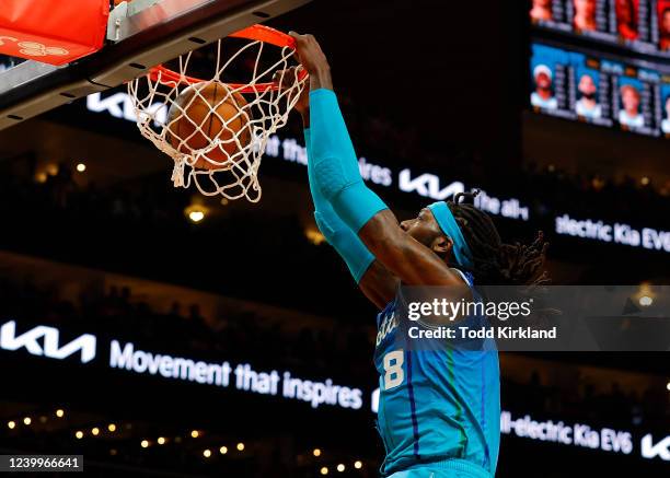 Montrezl Harrell of the Charlotte Hornets dunks during the first half against the Atlanta Hawks at State Farm Arena on April 13, 2022 in Atlanta,...