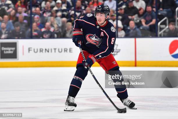 Zach Werenski of the Columbus Blue Jackets controls the puck during the third period against the Montreal Canadiens at Nationwide Arena on April 13,...