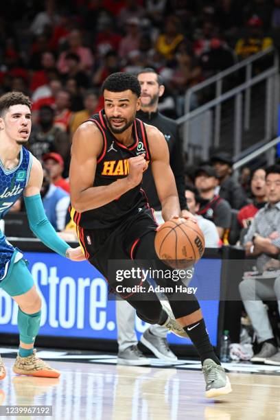 Timothe Luwawu-Cabarrot of the Atlanta Hawks drives to the basket against the Charlotte Hornets during the 2022 Play-In Tournament on April 13, 2022...