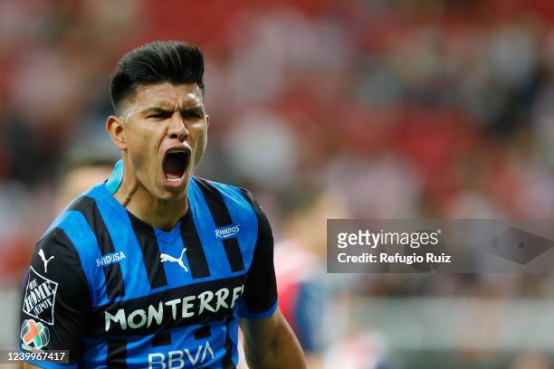 Jesús Gallardo of Monterrey celebrates after scoring the first goal of his team during the 12th round match between Chivas and Monterrey as part of...
