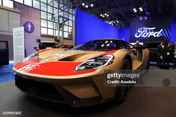 Ford GT performance sports car is seen on display during the press preview for the International Auto Show at the Jacob Javits Convention Center in...