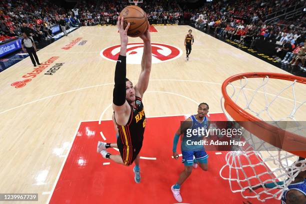 Danilo Gallinari of the Atlanta Hawks dunks the ball against the Charlotte Hornets during the 2022 Play-In Tournament on April 13, 2022 at State Farm...