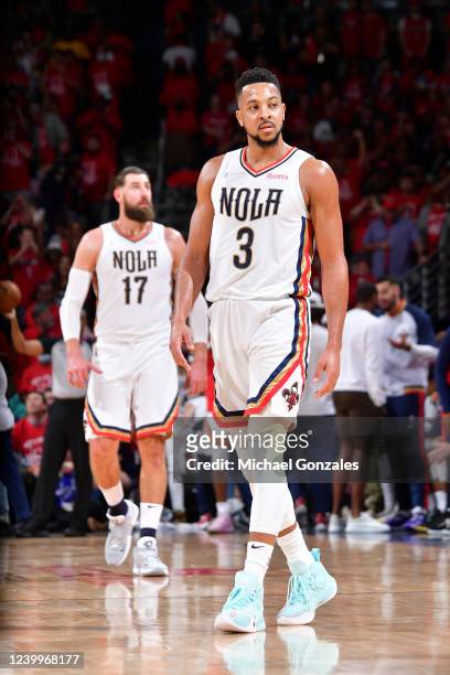 McCollum of the New Orleans Pelicans looks on during the game against the San Antonio Spurs during the 2022 play-in tournament on April 13, 2022 at...