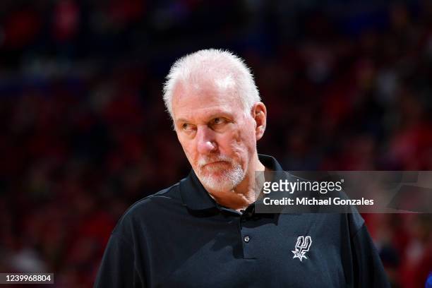 Head Coach Gregg Popovich of the San Antonio Spurs looks on during the game against the New Orleans Pelicans during the 2022 play-in tournament on...