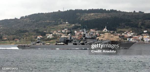 File photo dated November 15, 2013 shows guided missile cruiser of the Russian Navy, Moskva, passing through the Dardanelles strait in Canakkale,...