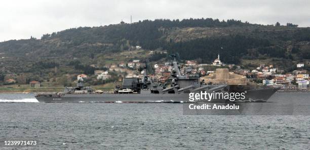 File photo dated November 15, 2013 shows guided missile cruiser of the Russian Navy, Moskva, passing through the Dardanelles strait in Canakkale,...