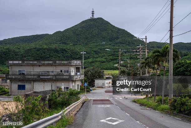 Radar tower stands atop a hill overlooking a village on April 13, 2022 on Yonaguni, Japan. As Japans westernmost inhabited island, just 111...