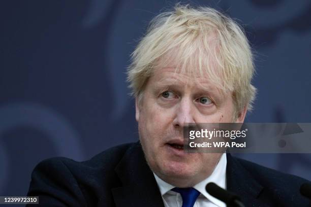 Prime Minister Boris Johnson delivers a speech at Lydd Airport on April 14, 2022 in Dover, England. The UK government announced that they will...