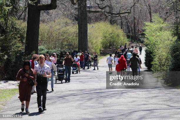 People visit the Bronx Zoo animal park in New York City, United States on April 13, 2022. The Bronx Zoo is one of America's largest zoos. Founded in...