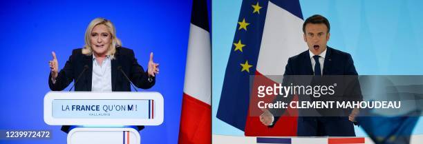 This combination of file pictures created on April 14, 2022 shows French far-right Rassemblement National party presidential candidate Marine Le Pen...