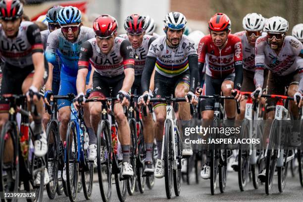 French Julian Alaphilippe of Quick-Step Alpha Vinyl pictured in action during the men's 'Brabantse Pijl' one day cycling race 8 km from Leuven to...