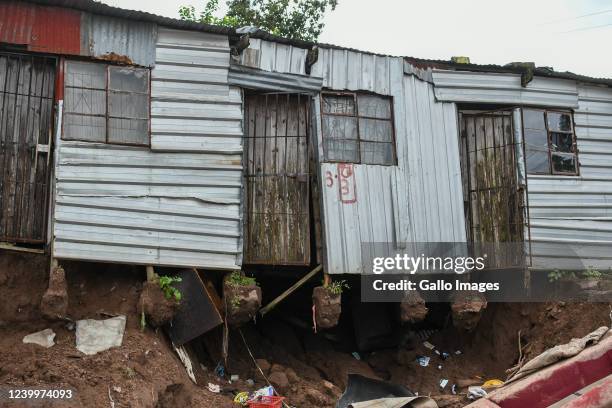 Shack sits precariously with its foundations washed away Clermont on April 13, 2022 in Durban, South Africa. President Ramaphosa's visit to the...