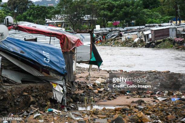 Shacks washed away at the informal settlement between M19 and Quarry road on April 12, 2022 in Durban, South Africa. According to media reports,...