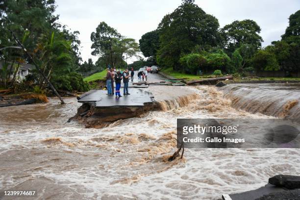 Part of Caversham road in Pinetown has been washed away on April 12, 2022 in Durban, South Africa. According to media reports, persistent heavy rain...
