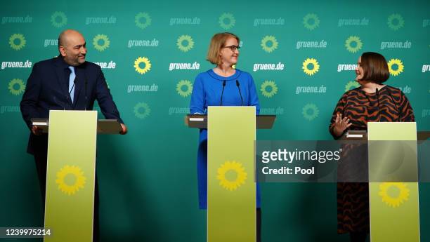 Green party co-chair Ricarda Lang speaks next to designated German Minister for Family Affairs, Senior Citizens, Women and Youth Lisa Paus and Green...