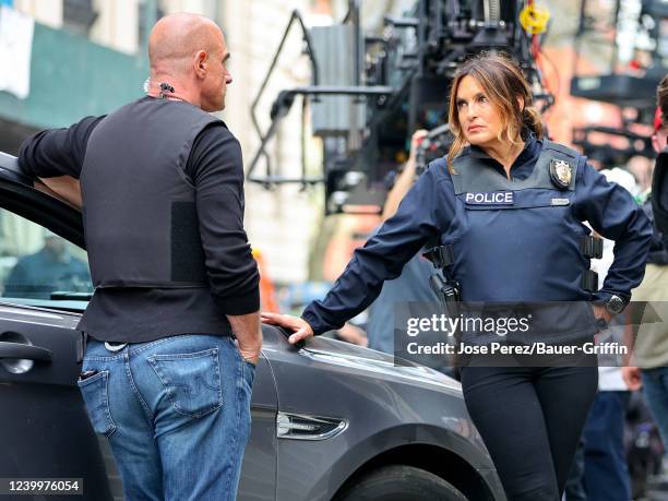 Mariska Hargitay and Christopher Meloni are seen at the 'Law and Order: Organized Crime' film set on April 13, 2022 in New York City.