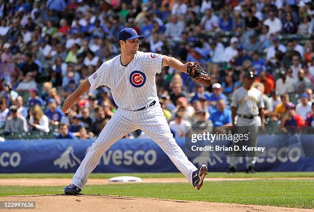 Randy Wells of the Chicago Cubs delivers durng the first inning against the Pittsburgh Pirates at Wrigley Field on September 4, 2011 in Chicago,...