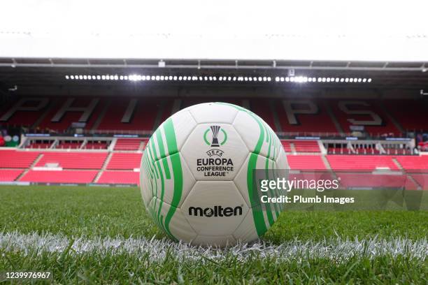 The match ball in The Philips Stadium before the UEFA Conference League Quarter Final Leg Two match between PSV Eindhoven and Leicester City at The...