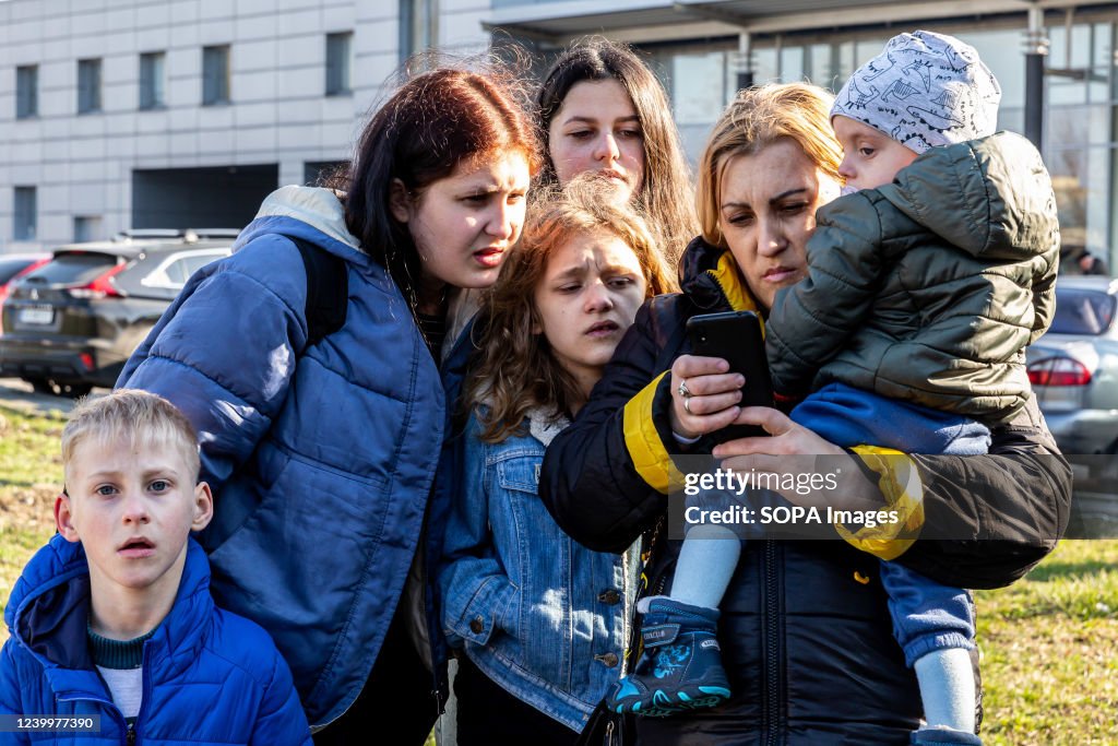 A Ukrainian family arrives early in the morning in Lviv from...