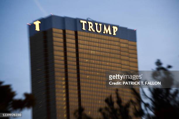 Trump signage is displayed on the Trump International Hotel Las Vegas on April 2, 2022 in Las Vegas, Nevada. The real estate development is a...