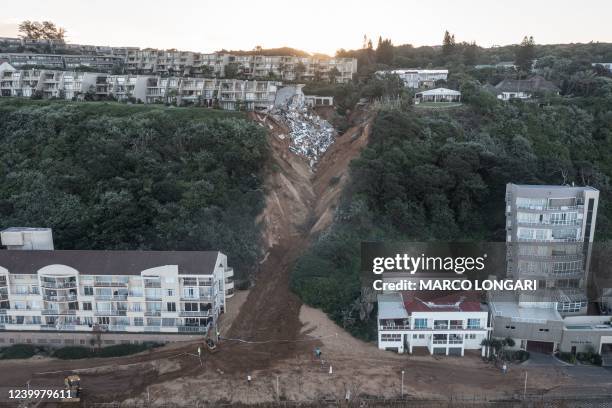 This aerial view shows the destruction at Umdloti beach north of Durban, on April 14, 2022. - Victims of South Africa's deadliest storm on record...