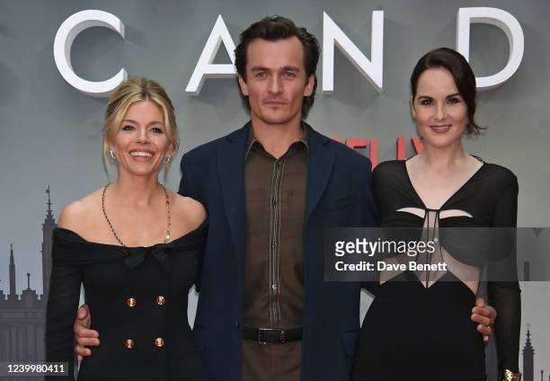 Sienna Miller, Rupert Friend and Michelle Dockery attend the World Premiere of "Anatomy Of A Scandal" at The Curzon Mayfair on April 14, 2022 in...
