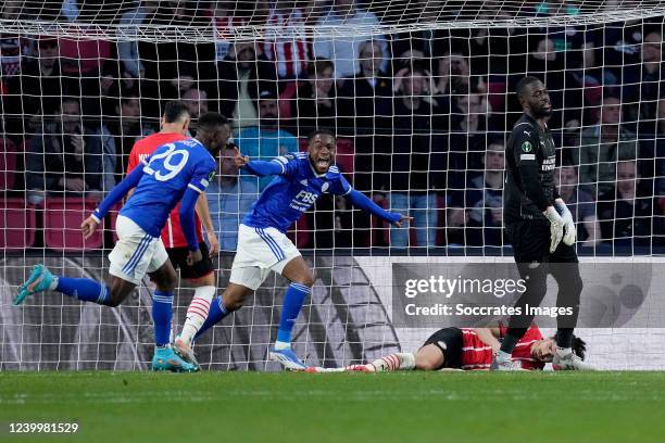 Goal Ricardo Pereira of Leicester City during the Conference League match between PSV v Leicester City at the Philips Stadium on April 14, 2022 in...
