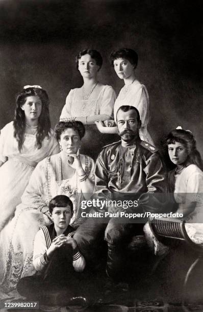The Russian Royal family including Tsar Nicholas II, Tsarina Alexandra, the Grand Duchesses Olga, Maria, Tatiana and Anastasia and the Tsarevich...