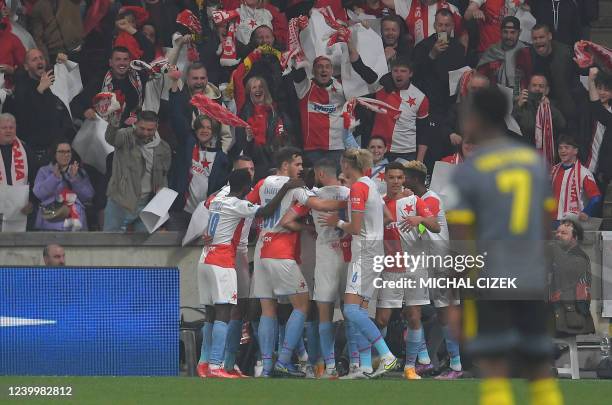 Slavia Prague's players celebrate the 1-1 during the quarter-final second leg Europa Conference League football match Slavia Prague v Feyenoord...