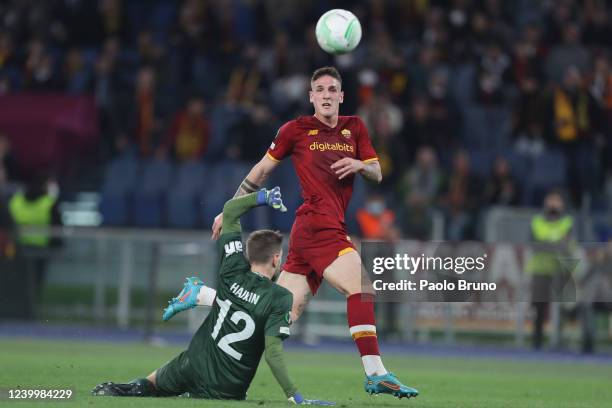 Nicolo Zaniolo of AS Roma scores the team's third goal during the UEFA Conference League Quarter Final leg two match between AS Roma and FK...