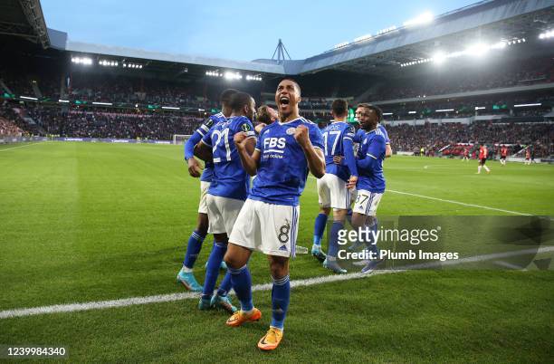 Youri Tielemans of Leicester City celebrates after Ricardo Pereira of Leicester City scored the second goal for Leicester City during the UEFA...