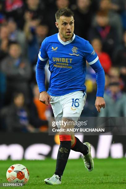 Rangers' Welsh midfielder Aaron Ramsey looks to play a pass during the UEFA Europa League Quarter-final, second leg football match between Rangers...