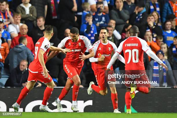 Sporting Braga's Portuguese defender David Carmo celebrates after scoring their first goal during the UEFA Europa League Quarter-final, second leg...