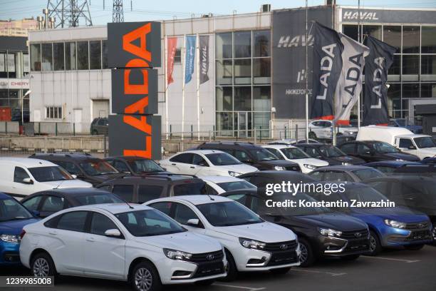 New Russian Lada cars are shown at a dealer April 14, 2022 in Dzerzhinsky outside of Moscow, Russia. Lada sister company Renault suspended operations...