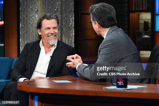 The Late Show with Stephen Colbert and guest Josh Brolin during Wednesday's April 13, 2022 show.