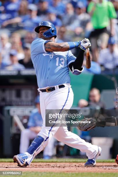 Kansas City Royals catcher Salvador Perez bats during an MLB game against the Cleveland Guardians on April 9, 2022 at Kauffman Stadium in Kansas...