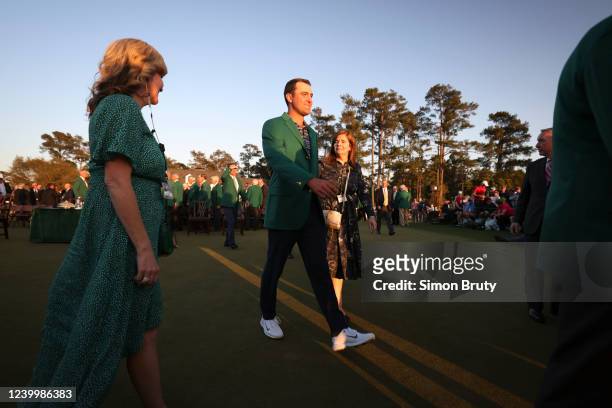 Scottie Scheffler victorious, wearing green jacket after winning tournament on Sunday at Augusta National. Augusta, GA 4/10/2022 CREDIT: Simon Bruty