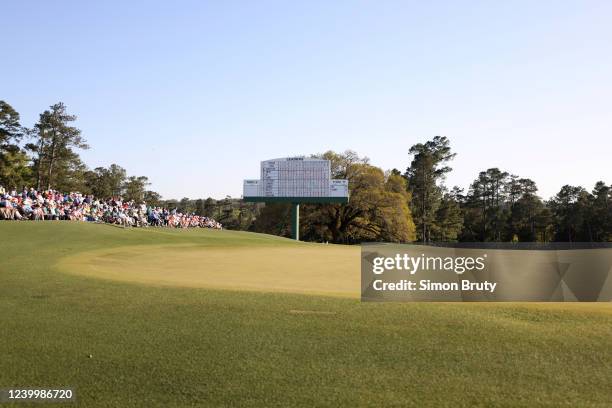 View of leaderboard scoreboard on No 18 hole during Sunday play at Augusta National. Augusta, GA 4/10/2022 CREDIT: Simon Bruty