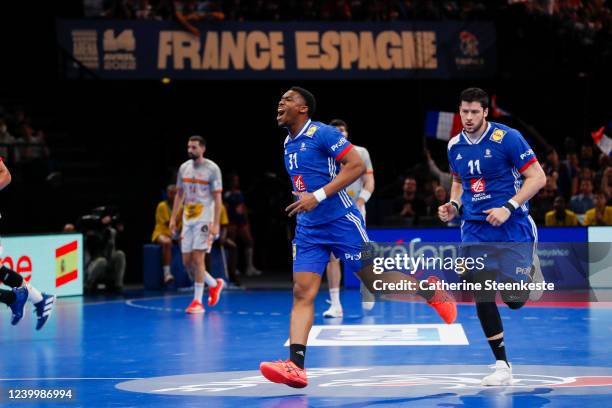 Dylan Nahi of France celebrates his goal during the International Friendly match between France and Spain at AccorHotels Arena on April 14, 2022 in...