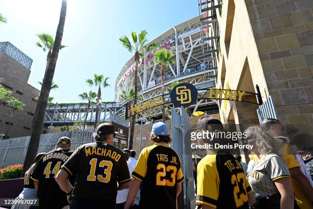 Fans line up to get into Petco Park on Opening Day before a baseball game between the Atlanta Braves and the San Diego Padres on April 14, 2022 in...