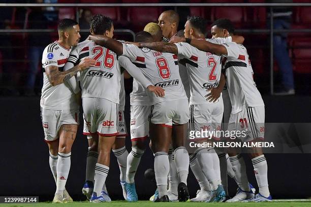 Brazil's Sao Paulo Robert Arboleda celebrates with teamamtes after scoring against Chile's Everton during their Copa Sudamericana group stage first...