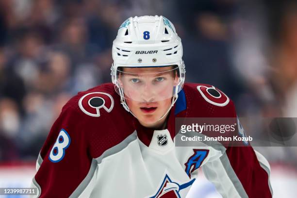 Cale Makar of the Colorado Avalanche prepares for a first period face-off against the Winnipeg Jets at Canada Life Centre on April 08, 2022 in...