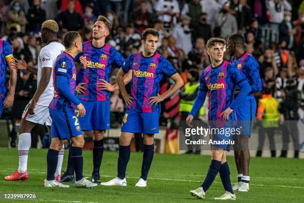 Barcelona players are seen after the UEFA Europa League quarter Final Second Leg football match between FC Barcelona and Eintracht Frankfurt at the...